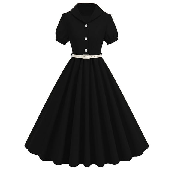 LYEAA Womens Cocktail Dresses Short Sleeve Lapel Collared Midi Dress Elegant Dress A-line Plain Belted Dress Button Dress 1950s Vintage Holiday Party Dress Ball Gown Wedding Guest Dress Black M
