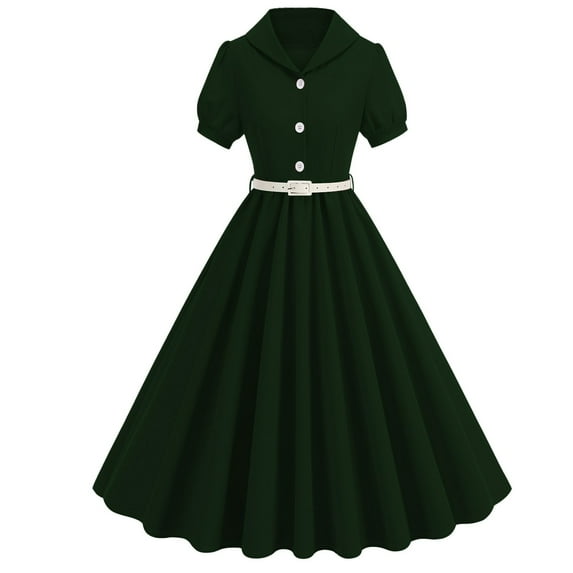 LYEAA Womens Cocktail Dresses Short Sleeve Lapel Collared Midi Dress Elegant Dress A-line Plain Belted Dress Button Dress 1950s Vintage Holiday Party Dress Ball Gown Wedding Guest Dress Green M