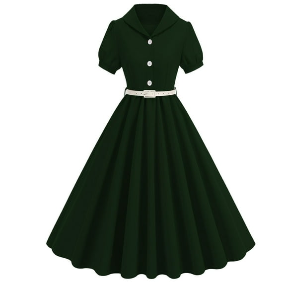 LYEAA Womens Cocktail Dresses Short Sleeve Lapel Collared Midi Dress Elegant Dress A-line Plain Belted Dress Button Dress 1950s Vintage Holiday Party Dress Ball Gown Wedding Guest Dress Green XXL