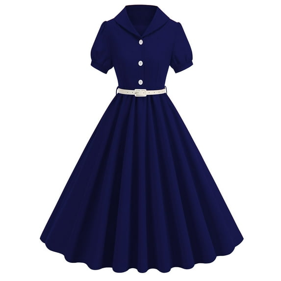 LYEAA Womens Cocktail Dresses Short Sleeve Lapel Collared Midi Dress Elegant Dress A-line Plain Belted Dress Button Dress 1950s Vintage Holiday Party Dress Ball Gown Wedding Guest Dress Blue XXL
