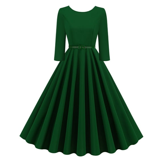LYEAA Womens Cocktail Dresses for Wedding Guest 3/4 Sleeve Crew Neck Midi Dress Flowy Elegant Homecoming Dress A-line Solid Color Belted Dress 1950s Vintage Holiday Party Dress Ball Gown Green M