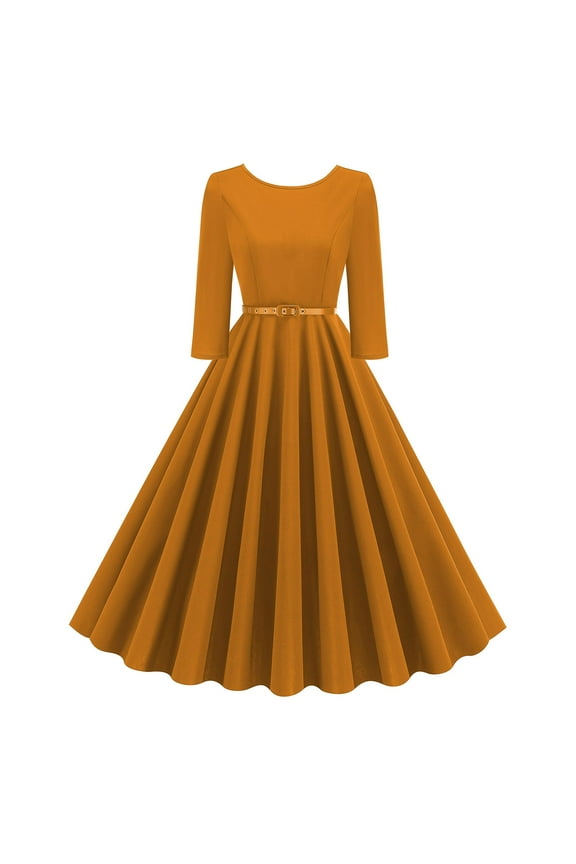 Womens Cocktail Dresses for Wedding Guest 3/4 Sleeve Crew Neck Midi Dress Flowy Elegant Homecoming Dress A-line Solid Color Belted Dress 1950s Vintage Holiday Party Dress Ball Gown Yellow M