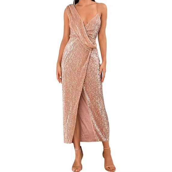 LYEAA Womens Cocktail Dresses for a Wedding Sleeveless Glitter Sequin Long Dress One Shoulder Flowy Elegant Dress Slit Solid Color Evening Gown Dress Fashion Club Dress Gold S
