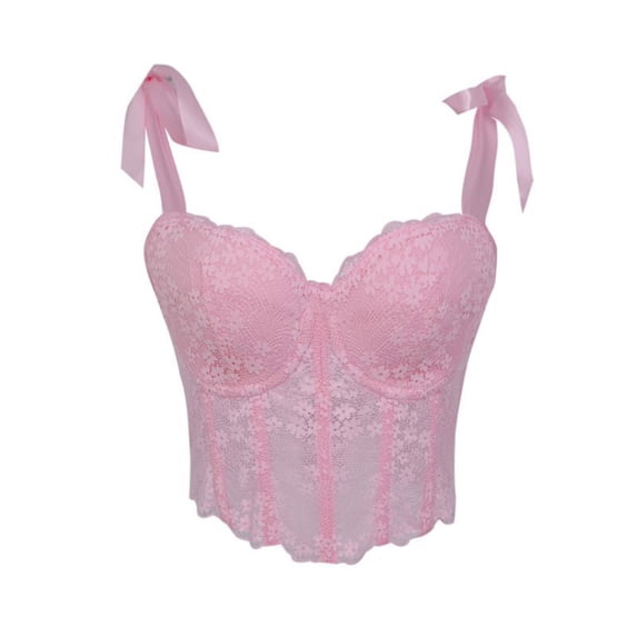LYEAA Womens Corset Tops Lace up Steel Ring Overbust Boned Bustier Lace Sheer Push up Shapewear Going out Club Tops