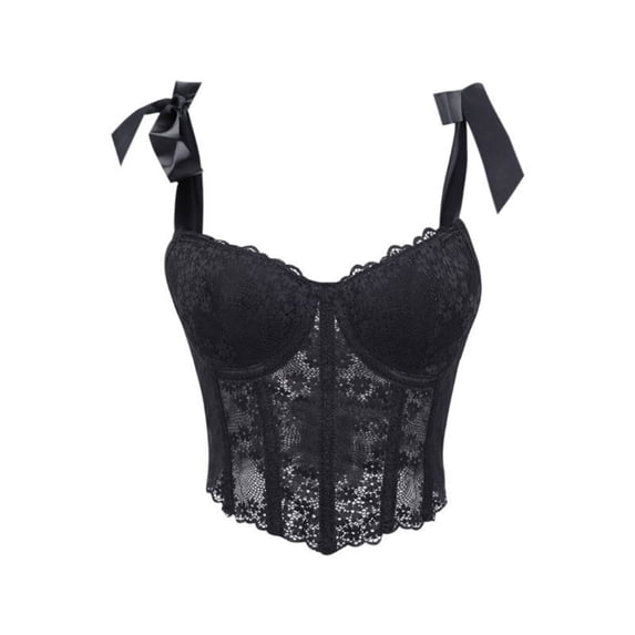 LYEAA Womens Corset Tops Lace up Steel Ring Overbust Boned Bustier Lace Sheer Push up Shapewear Going out Club Tops