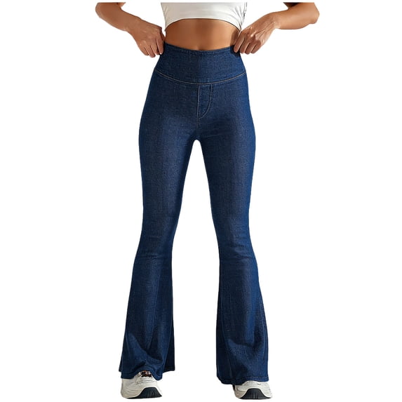 LYEAA Womens Denim Leggings with Pockets Elastic Waist Flare Leg Tights Stretchy Full Length Solid Casual Pants