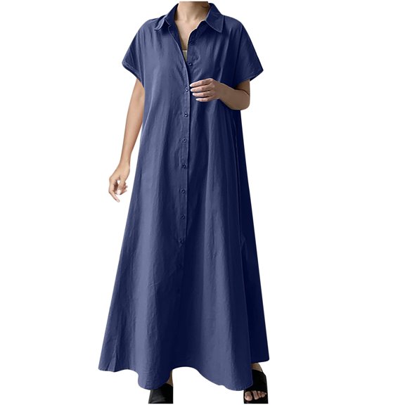 LYEAA Womens Dresses Short Sleeve Plus Size Collared Flowy Ruched Cotton Linen Elegant Long Dresses Solid Casual Dressy Loose Button Dresses Modest Vacation Dresses Blue 2XL