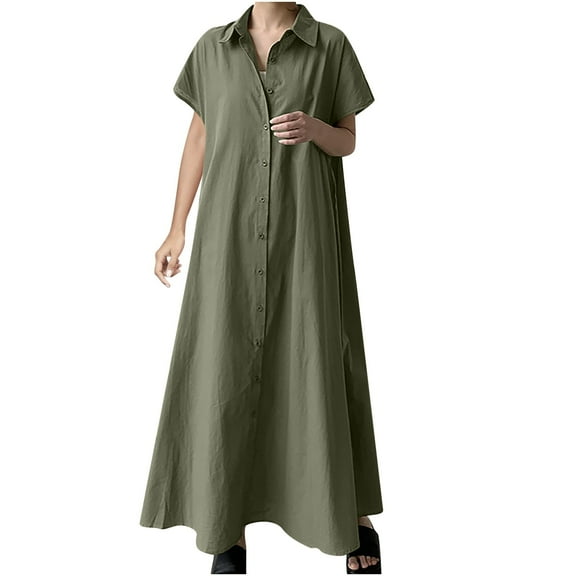LYEAA Womens Dresses Short Sleeve Plus Size Collared Flowy Ruched Cotton Linen Elegant Long Dresses Solid Casual Dressy Loose Button Dresses Modest Vacation Dresses Green 2XL
