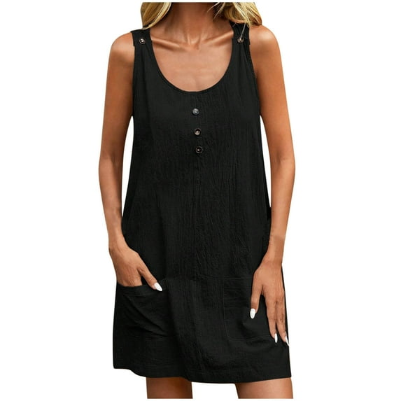 LYEAA Womens Dresses Sleeveless with Pockets Crew Neck Elegant Midi Dresses Solid Casual Dressy Loose Button Pullover Dresses Modest Vacation Dresses Black S