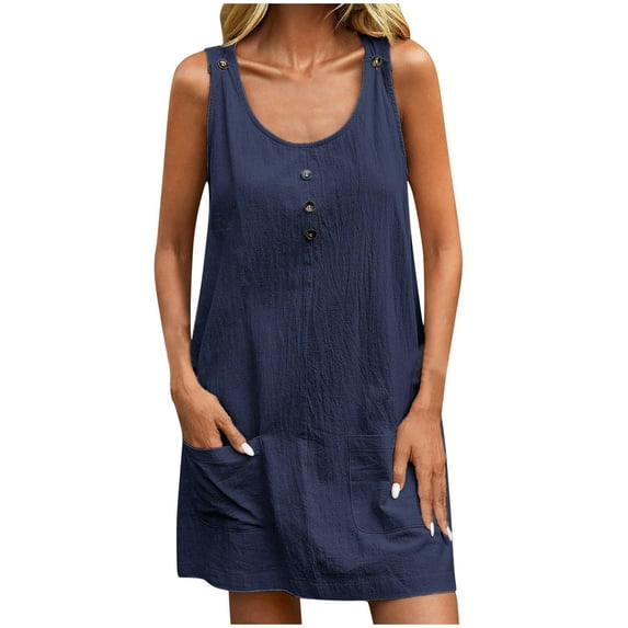LYEAA Womens Dresses Sleeveless with Pockets Crew Neck Elegant Midi Dresses Solid Casual Dressy Loose Button Pullover Dresses Modest Vacation Dresses Blue XL
