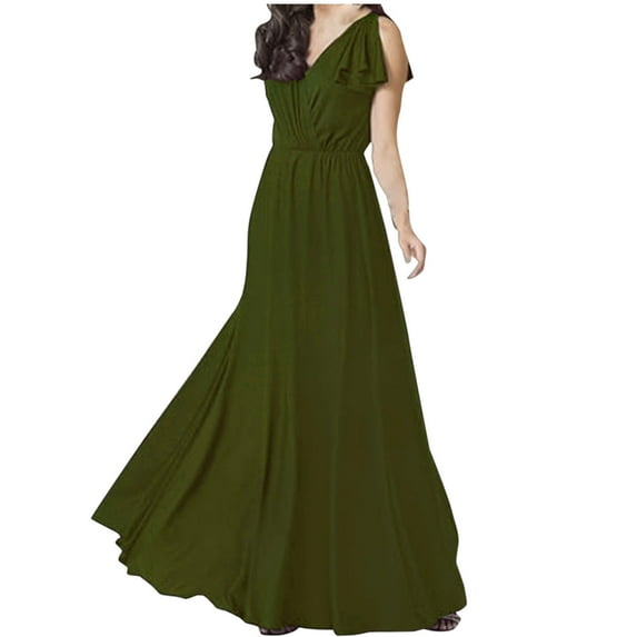 LYEAA Womens Dresses for Wedding Guest Plus Size Sleeveless V Neck Maxi Dress Flowy Elegant Homecoming Dress Solid Color Dress Fashion Holiday Party Dress Ruched Ball Gown Green XXXL