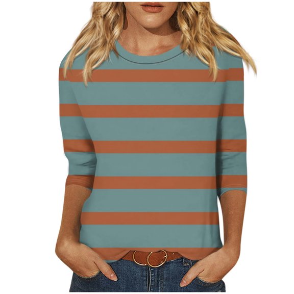 LYEAA Womens Fall Fashion 2024 Crew Neck 3/4 Sleeve T-shirt Striped Tees Loose Soft Comfortable Blouse Dressy Casual Breathable Trendy Clothing Outfits Clothes 2024 Blue XL