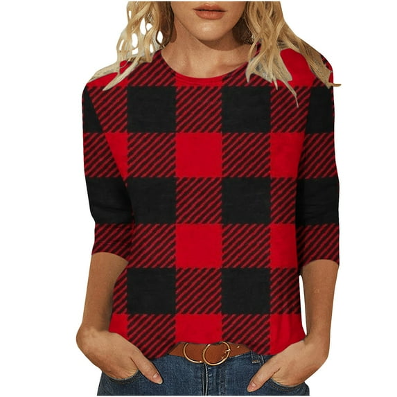 LYEAA Womens Fall Fashion 2024 Plus Size Crew Neck 3/4 Sleeve T-shirt Checkered Tees Loose Soft Comfortable Blouse Dressy Casual Breathable Trendy Clothing Red XL