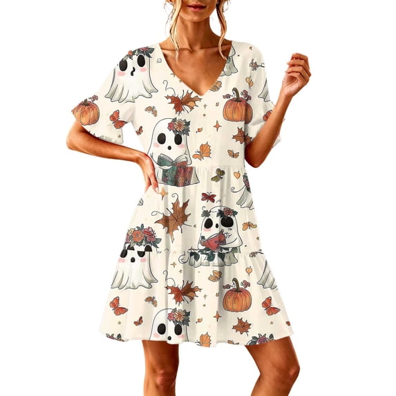 LYEAA Womens Halloween Nightgown V Neck Short Sleeves Ghost Print Sleep Dress Ruffle Comfortable Sleepwear with Pocket Pink L