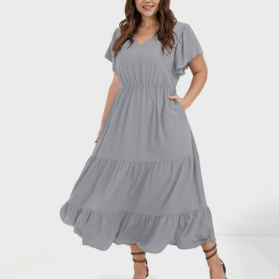 LYEAA Womens Long Dresses Plus Size Elegant Short Sleeve Casual Loose Tiered A Line Dresses V Neck Solid Ruffle Fashion Flowy Summer Beach Vacation Comfortable Dresses Gray 5XL