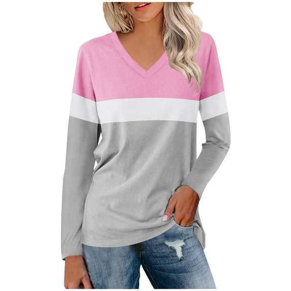LYEAA Womens Long Sleeve Shirts Plus Size Warm V Neck Tops Stylish Color Block Winter Pullover Comfortable Dressy Casual Outfits Loose Lightweight Clothes Gray XL