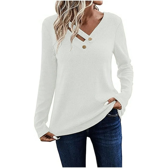 LYEAA Womens Long Sleeve Shirts V Neck Solid Color Knitted Loose T-Shirts Casual Dressy Comfort Fashion Pullover Tops White 2XL