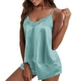 thumbnail image 1 of LYEAA Womens Loungewear Sets Valentine's Day Two-piece Soft Satin Nightwear Lace V Neck Sling Tops with Shorts Cozy Pajamas Ladies Solid Loose Casual Sleepwear Sleepsuits Blue L, 1 of 5