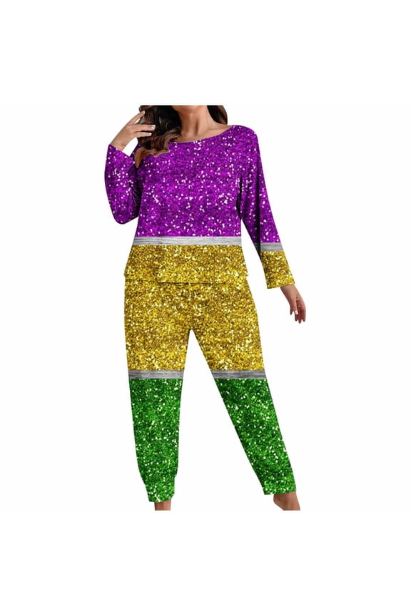 Womens Pajama Sets Plus Size Carnival Sequin Printed Long Sleeve Top and Pant Sleepwear Trendy Nightwear
