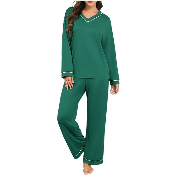 LYEAA Womens Pajama Sets Solid V Neck Long Sleeve Top and Pant Pullover Breathable Sleepwear Soft Loose Nightwear