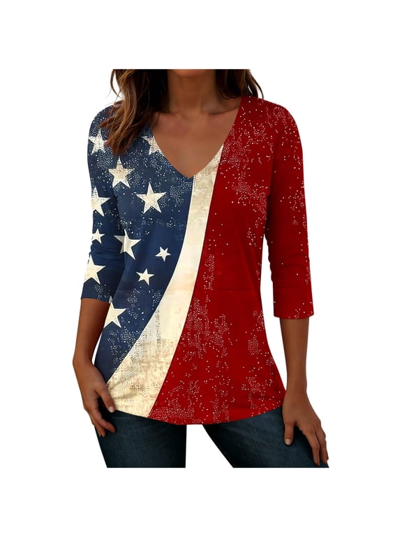 Womens Patriotic Top 4th of July American Flag T Shirts Anniversary Red White Blue Tees Independence Day 3/4 Sleeve Shirts
