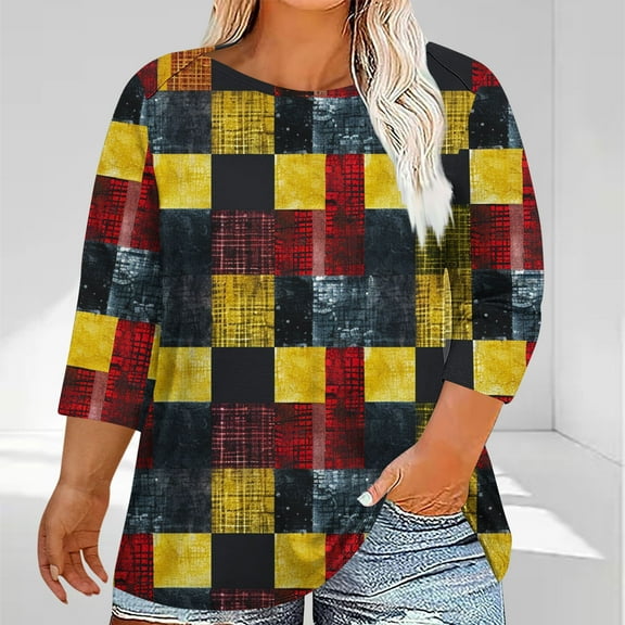 LYEAA Womens Plus Size 3/4 Sleeve Tops Cross Neck Printed Casual T-Shirts Soft Stretch Fabric Summer Beach Vacation Clothes Trendy 2025 Fashion Tops Yellow XXL