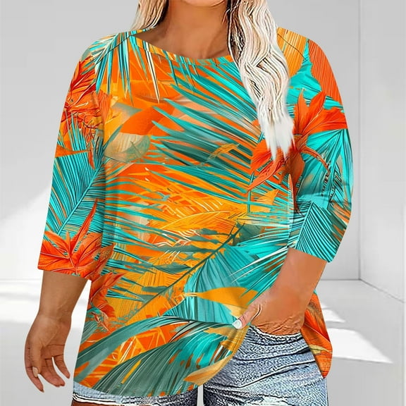 LYEAA Womens Plus Size 3/4 Sleeve Tops Cross V-Neck Printed T-Shirts Stretch Fabric Casual Summer Clothes Trendy 2025 Beach Vacation Outfits with Pockets Green XXXL