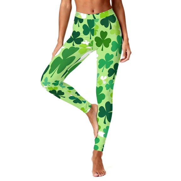 LYEAA Womens Plus Size Leggings St Patrick's Day Elastic Waist Tights Stretchy Ankle Length Clover Printed Pants
