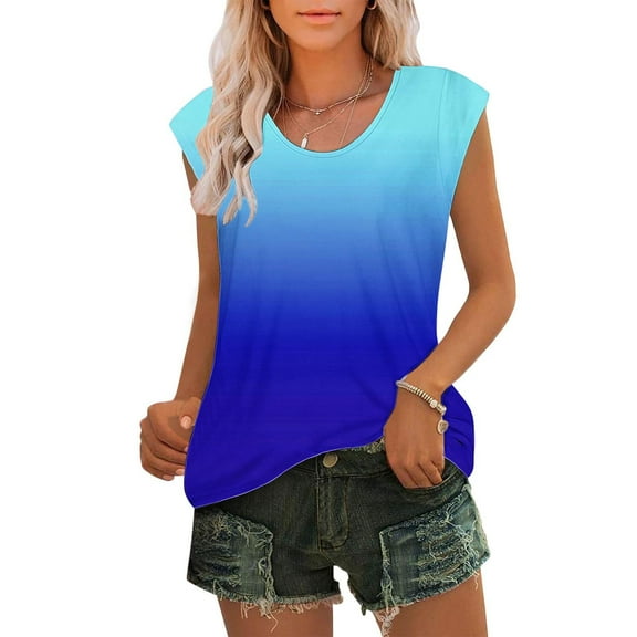 LYEAA Womens Plus Size Tank Tops Sleeveless Crew Neck Spring Summer Loose Casual Tee Shirts Gradient Vacation Beach Elegant Fashion Pullover Vest Comfortable Soft Loungewear Going Out Clothes Blue M