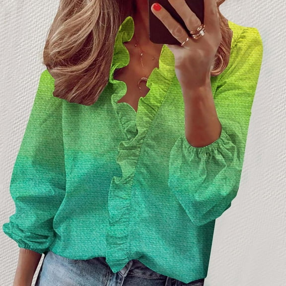 LYEAA Womens Plus Size Tops Warm Puffy Sleeve V Neck Shirts Stylish Gradient Winter Pullover Comfortable Dressy Casual Outfits Loose Lightweight Ruffle Clothes Beige XXXL