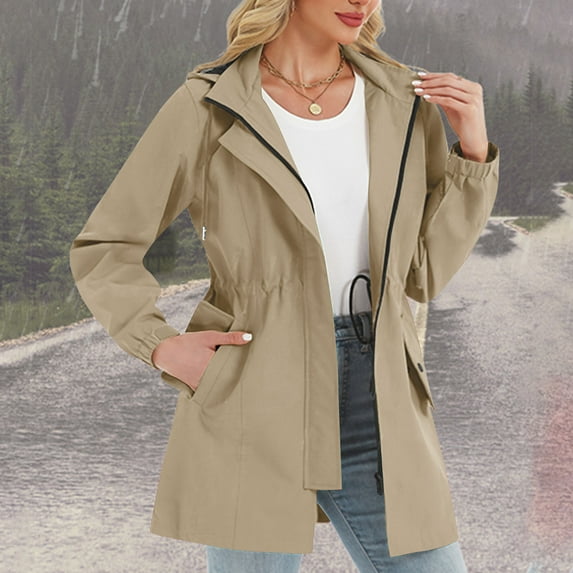 LYEAA Womens Rain Jacket with Hood Waterproof Outdoor Sports Windproof Long Sleeve Jacket Lightweight Solid Color Raincoat Removable Hood Elastic Cuffs Zipper Casual Coat Khaki XXL