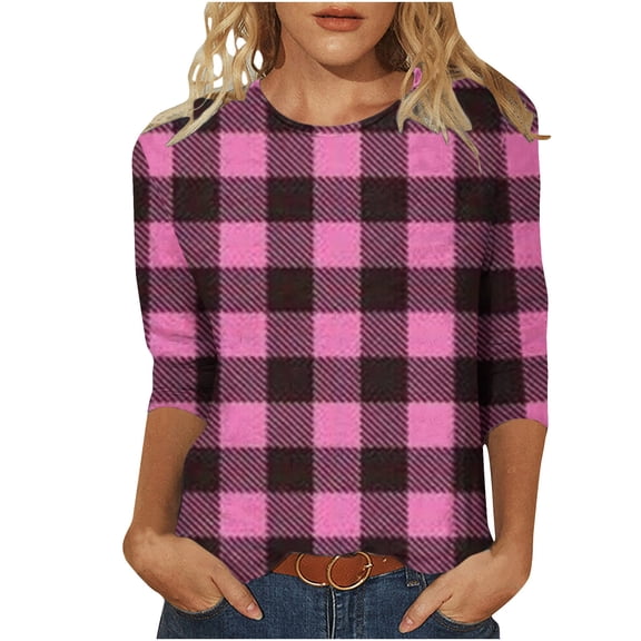 LYEAA Womens Shirts 3/4 Sleeve Plus Size Plus Size Crew Neck T-shirt Fashion Checkered Tees Loose Soft Comfortable Blouse Dressy Casual Breathable Trendy Clothing XXL
