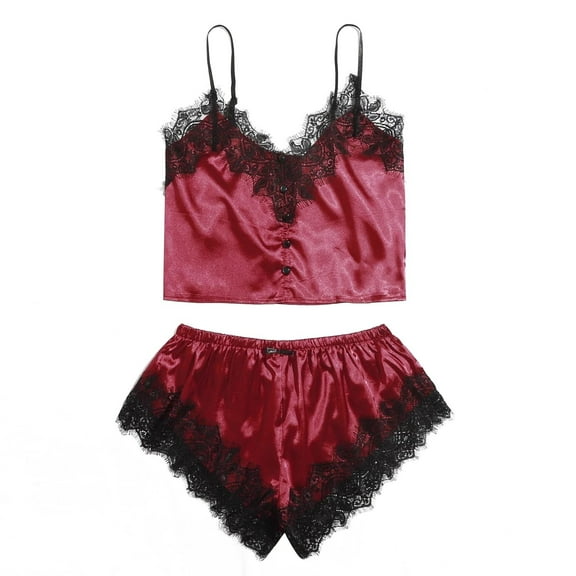 LYEAA Womens Silk Pajamas Short Set Valentine's Day Two Piece Soft Nightwear Lace V Neck Sling Tops with Shorts Cozy Loungewear Ladies Solid Casual Sleepwear Sleepsuits Red M