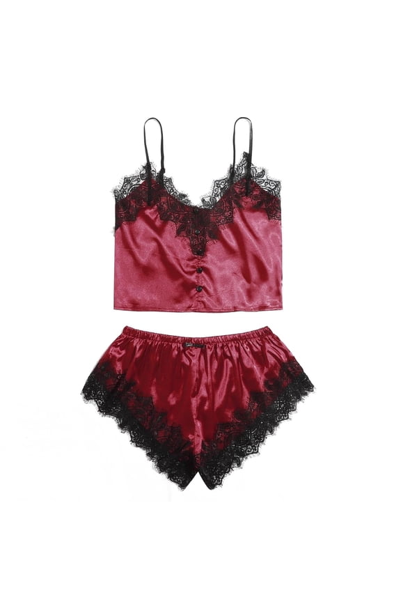 Womens Silk Pajamas Short Set Valentine's Day Two Piece Soft Nightwear Lace V Neck Sling Tops with Shorts Cozy Loungewear Ladies Solid Casual Sleepwear Sleepsuits Red M