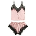 thumbnail image 1 of LYEAA Womens Silk Pajamas Short Set Valentine's Day Two Piece Soft Nightwear Lace V Neck Sling Tops with Shorts Cozy Loungewear Ladies Solid Casual Sleepwear Sleepsuits Pink L, 1 of 7