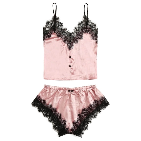 LYEAA Womens Silk Pajamas Short Set Valentine's Day Two Piece Soft Nightwear Lace V Neck Sling Tops with Shorts Cozy Loungewear Ladies Solid Casual Sleepwear Sleepsuits Pink XL