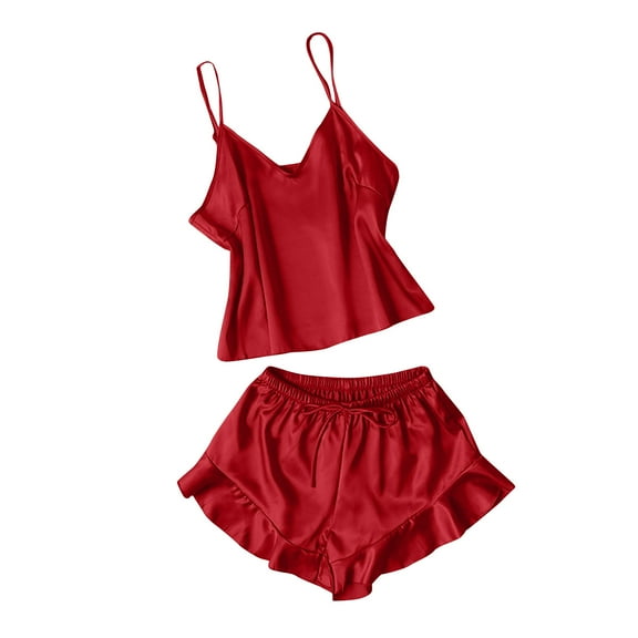 LYEAA Womens Sleepwear Valentine's Day Two Piece Soft Satin Nightwear Set V Neck Sling Tops with Shorts Cozy Loungewear Ladies Solid Ruffled Loose Casual Pajamas Sleepsuits Red S