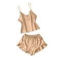 thumbnail image 1 of LYEAA Womens Sleepwear Valentine's Day Two Piece Soft Satin Nightwear Set V Neck Sling Tops with Shorts Cozy Loungewear Ladies Solid Ruffled Loose Casual Pajamas Sleepsuits Gold S, 1 of 3
