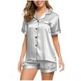 thumbnail image 1 of LYEAA Womens Soft Pajamas Plus Size Valentine's Day Two-piece Ice Silk Nightwear Set Short Sleeve Shirts with Shorts Cozy Button Loungewear Ladies Solid Loose Casual Sleepwear Sleepsuits Gray S, 1 of 5