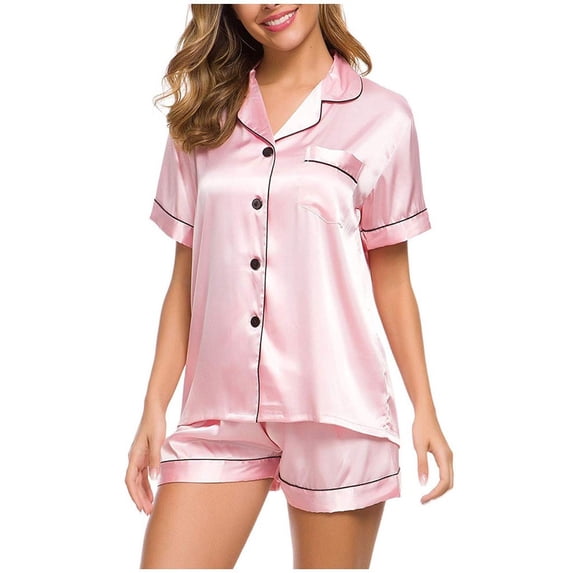 LYEAA Womens Soft Pajamas Plus Size Valentine's Day Two-piece Ice Silk Nightwear Set Short Sleeve Shirts with Shorts Cozy Button Loungewear Ladies Solid Loose Casual Sleepwear Sleepsuits Pink S