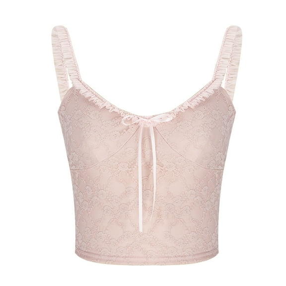LYEAA Womens Tank Top Spaghetti Strap Lace Fitted Summer Casual Beach Sling Tube Tops Solid V Neck Sleeveless Breathable Fashion Ladies Pullover Shirts Pink L