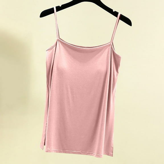 LYEAA Womens Tank Tops Plus Size with Built in Bra Spaghetti Strap Loose Summer Casual Lightweight Cami Shirt Solid Crew Neck Sleeveless Split Breathable Fashion Ladies Pullover Shirts Pink 2XL