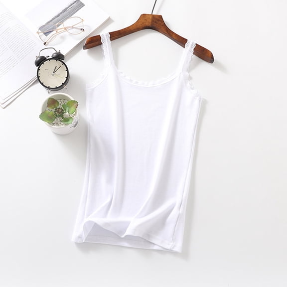 LYEAA Womens Tank Tops Plus Size Cotton Spaghetti Strap Lace Fitted Summer Casual Undershirt Solid Crew Neck Sleeveless Basic Breathable Fashion Ladies Pullover Shirts White XL