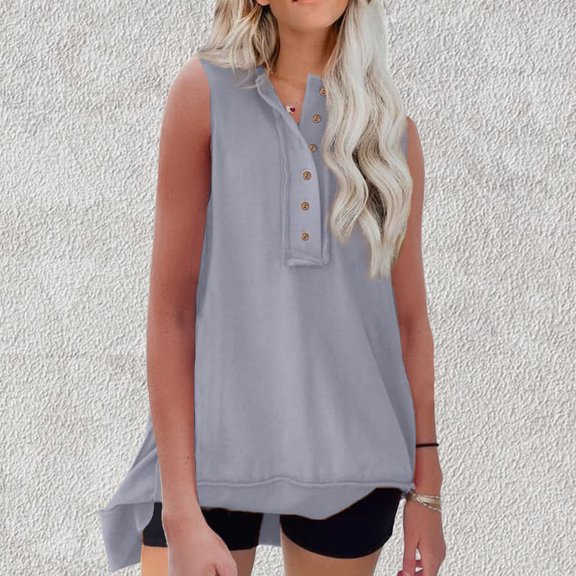 LYEAA Womens Tank Tops Plus Size Long Sleeveless Crew Neck Spring Summer Loose Casual Tee Shirts Solid Vacation Beach Elegant Fashion Pullover Vest Breathable Soft Loungewear Going Out Clothes Gray M