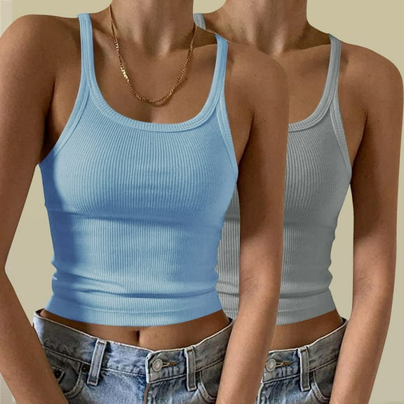 LYEAA Womens Tank Tops Plus Size Spaghetti Strap 2 Pack of Fitted Summer Casual Cami Shirt Solid Crew Neck Sleeveless Breathable Fashion Ladies Pullover Shirts Blue S