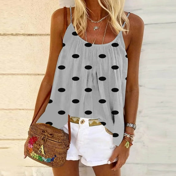 LYEAA Womens Tank Tops Summer Plus Size Spaghetti Strap Ruched Loose Casual Beach Cami Shirt Polka Dots Crew Neck Sleeveless Breathable Fashion Ladies Pullover Shirts White M
