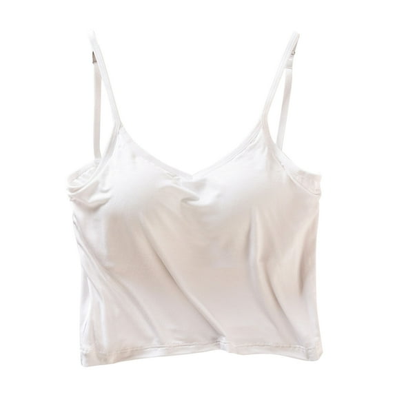 LYEAA Womens Tanks with Built in Bra Spaghetti Strap Wirefree Fitted Summer Casual Crop Cami Shirt Solid V Neck Sleeveless Breathable Fashion Ladies Pullover Shirts White M