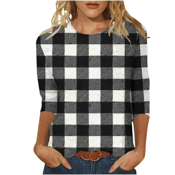 LYEAA Womens Tee Shirts Plus Size Plus Size Crew Neck 3/4 Sleeve T-shirt Fashion Checkered Tees Loose Soft Comfortable Blouse Dressy Casual Breathable Trendy Clothing Gray L