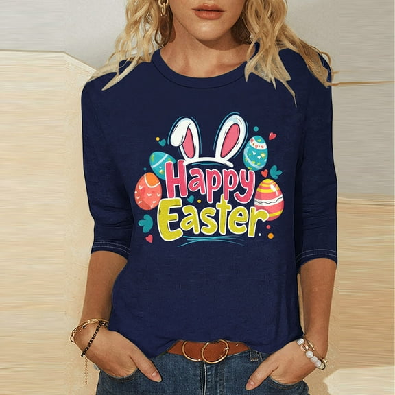 LYEAA Womens Three Quarter Sleeve T-Shirts Easter Bunny Print Round Neck Breathable Cotton Loose Fit Spring Holiday Casual Tops Family Gathering Navy S