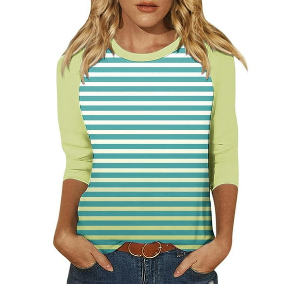 LYEAA Womens Tops 3/4 Sleeve T Shirt Crew Neck T-shirt Fashion Gradient Striped Tees Loose Soft Comfortable Blouse Dressy Casual Breathable Trendy Clothing Green L